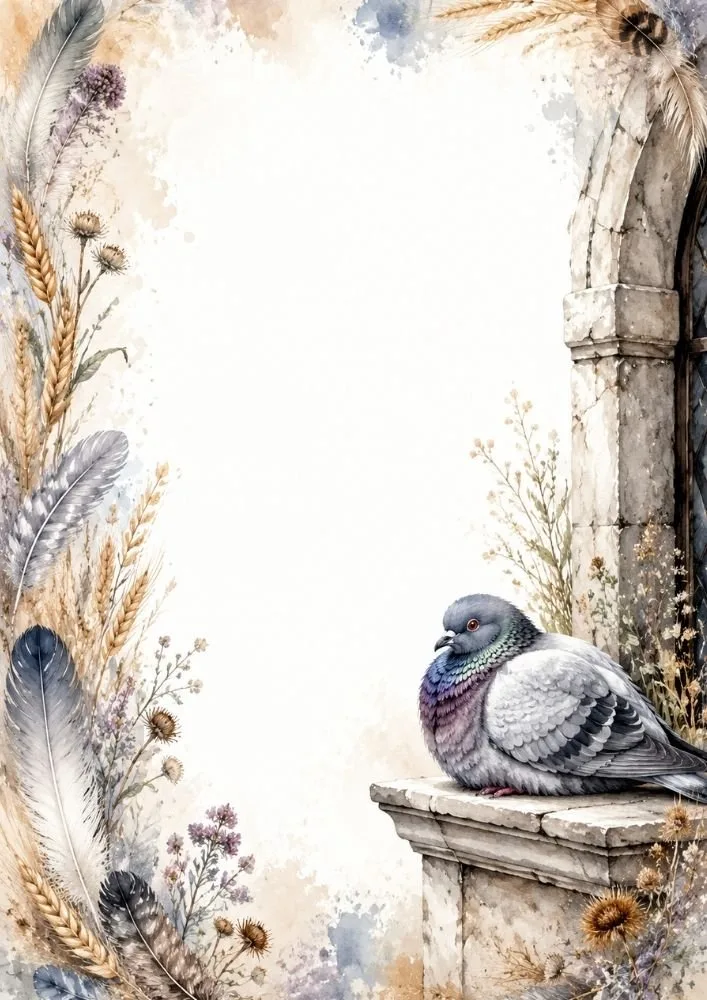 Watercolor border page with a pigeon resting near a stone archway framed by feathers, grasses, and flowers.