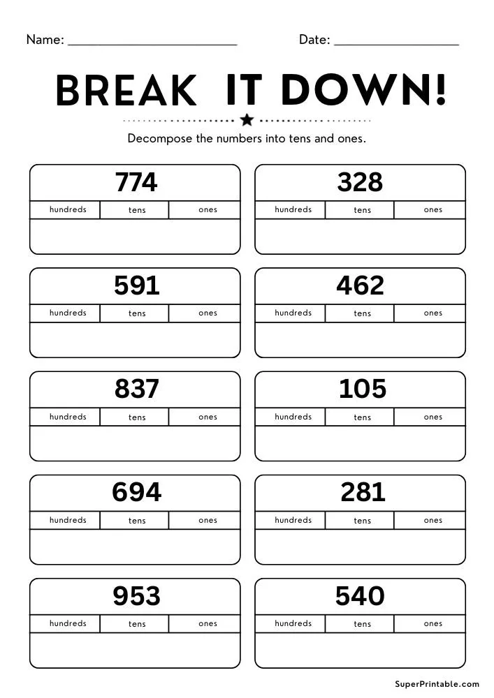 Math worksheet featuring three-digit numbers and place value decomposition boxes.