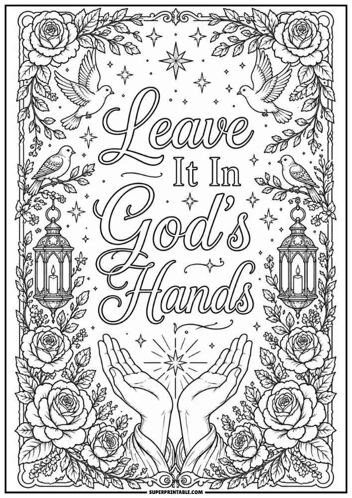 Quote with open hands, doves, roses, lanterns, and stars.