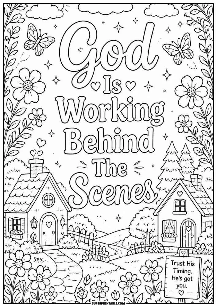 Quote with cottages, flowers, butterflies, trees, and a winding path.