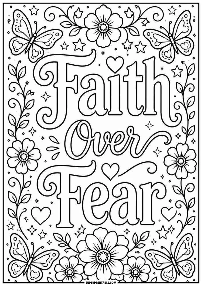 Quote "Faith Over Fear" with butterflies, flowers, hearts, and stars.