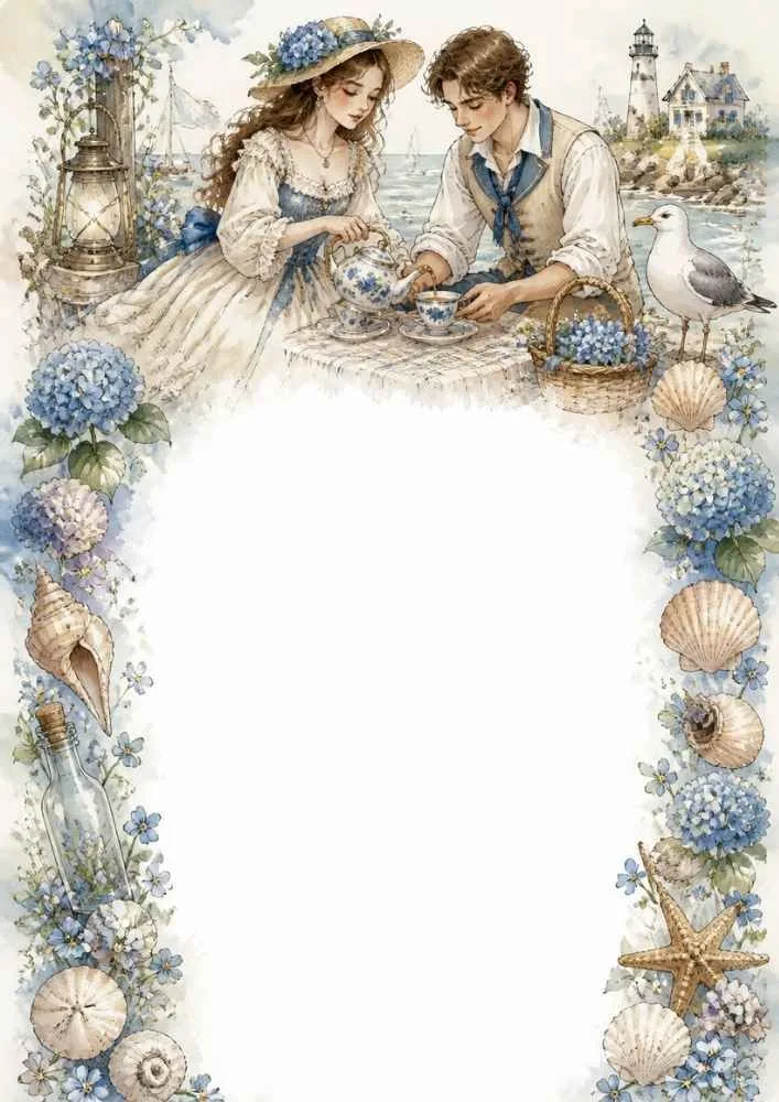 Princess and prince having tea by the sea with flowers, shells, a seagull, and lighthouse.