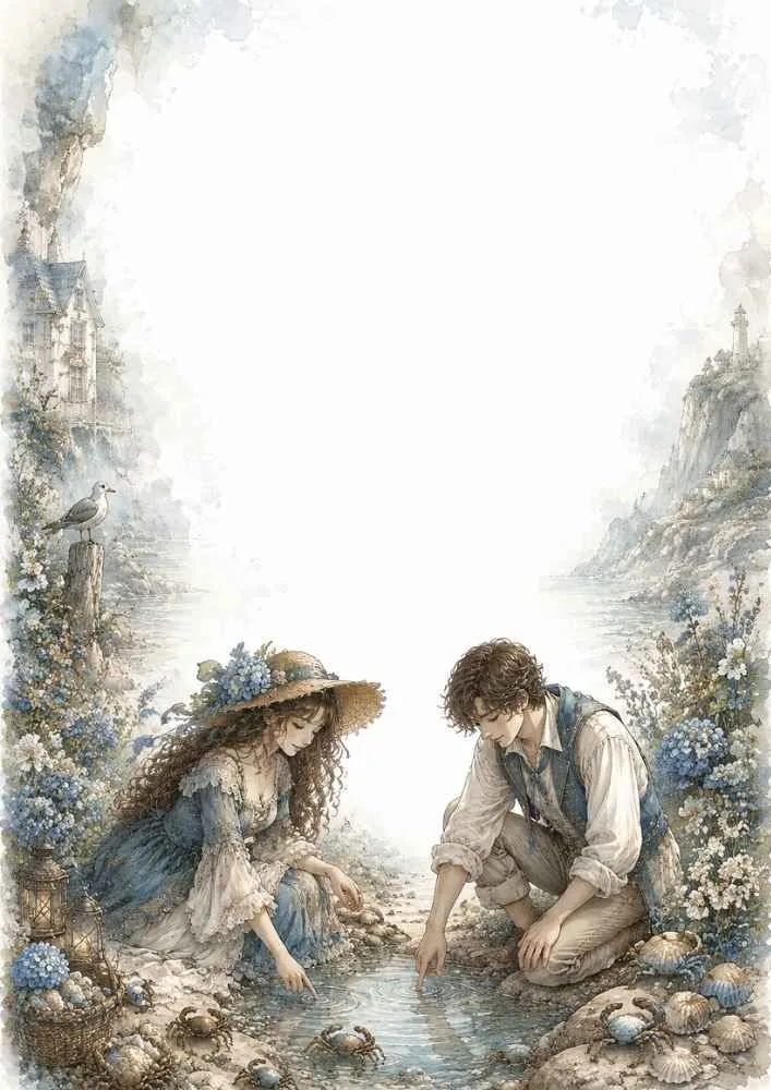 Princess and prince exploring a tide pool with shells, flowers, and lanterns.