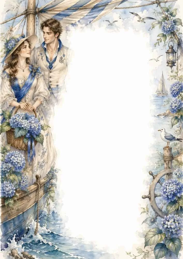 Princess and prince with a ship wheel, sails, seagulls, and floral decorations.