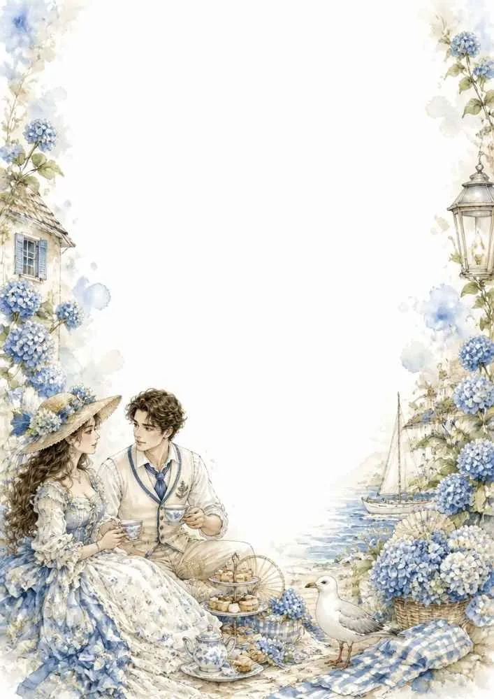 Princess and prince having tea with flowers, sailboats, and a seagull by the shore.