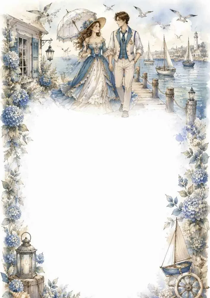 Princess and prince walking near the water with flowers, sailboats, and seagulls.