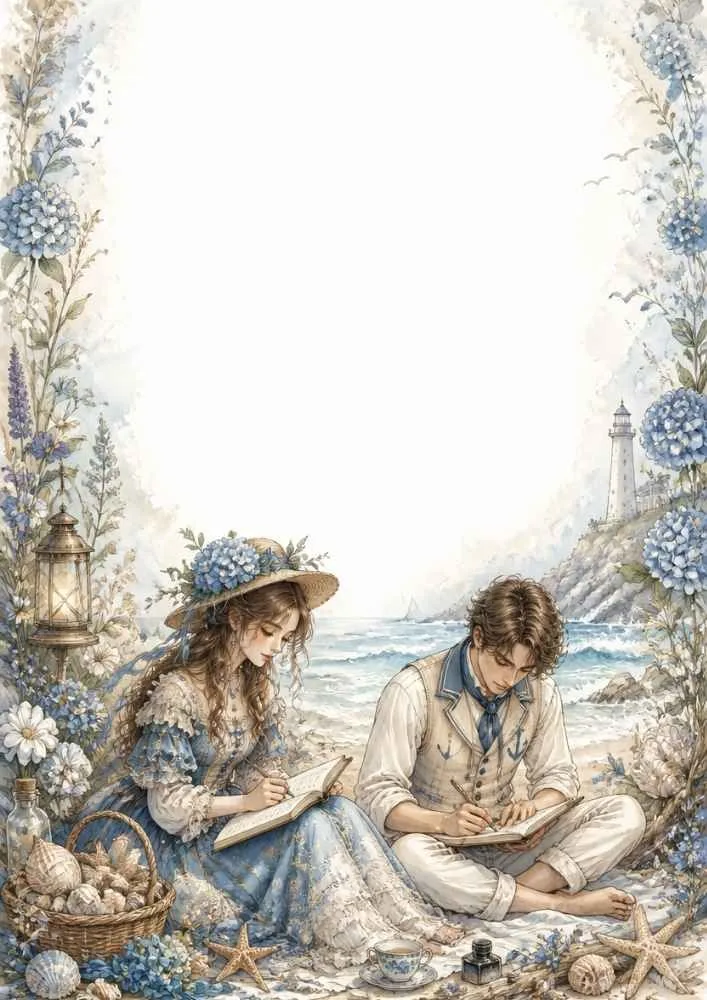 Princess and prince writing in notebooks near shells, flowers, and a lighthouse.