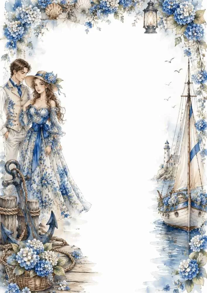 Princess and prince with an anchor, sailboat, flowers, and harbor background.