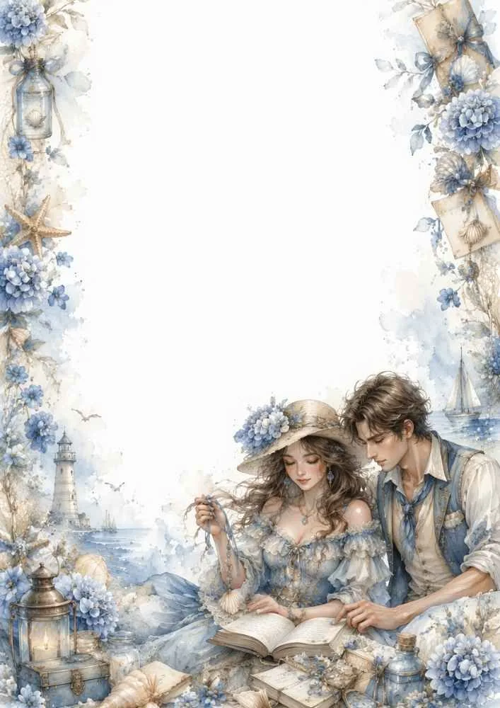 Princess and prince reading with flowers, shells, lanterns, and seaside decorations.