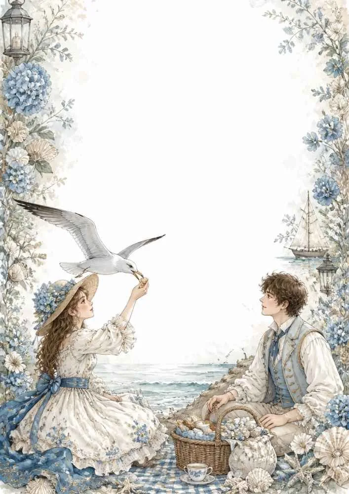 Princess feeding a seagull beside a prince with flowers, shells, and picnic items.