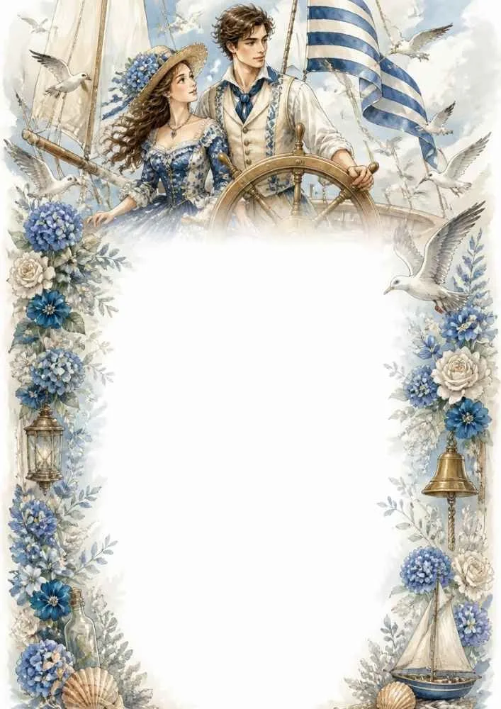 Princess and prince near a sailboat with flowers, lanterns, and nautical decorations.
