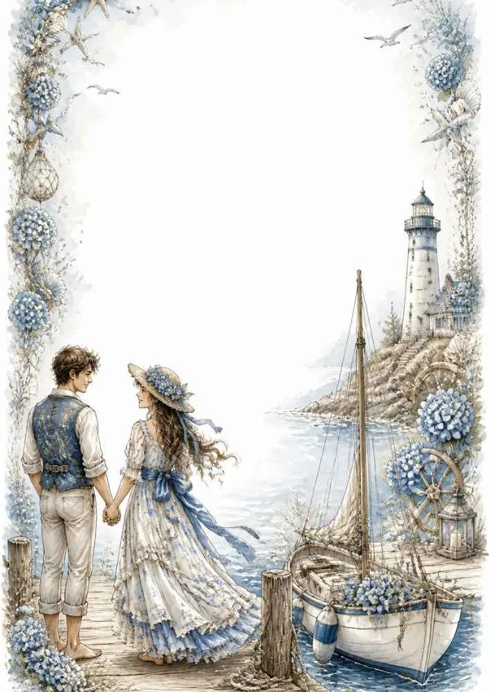 Princess and prince walking on a dock near a sailboat, lighthouse, and blue flowers.