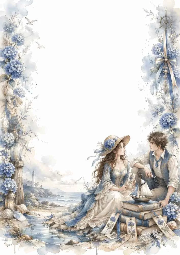 Princess and prince sitting with books, flowers, shells, and a coastal background.