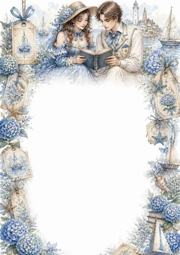 Princess and prince reading a book with flowers, sailboats, and seaside decorations.