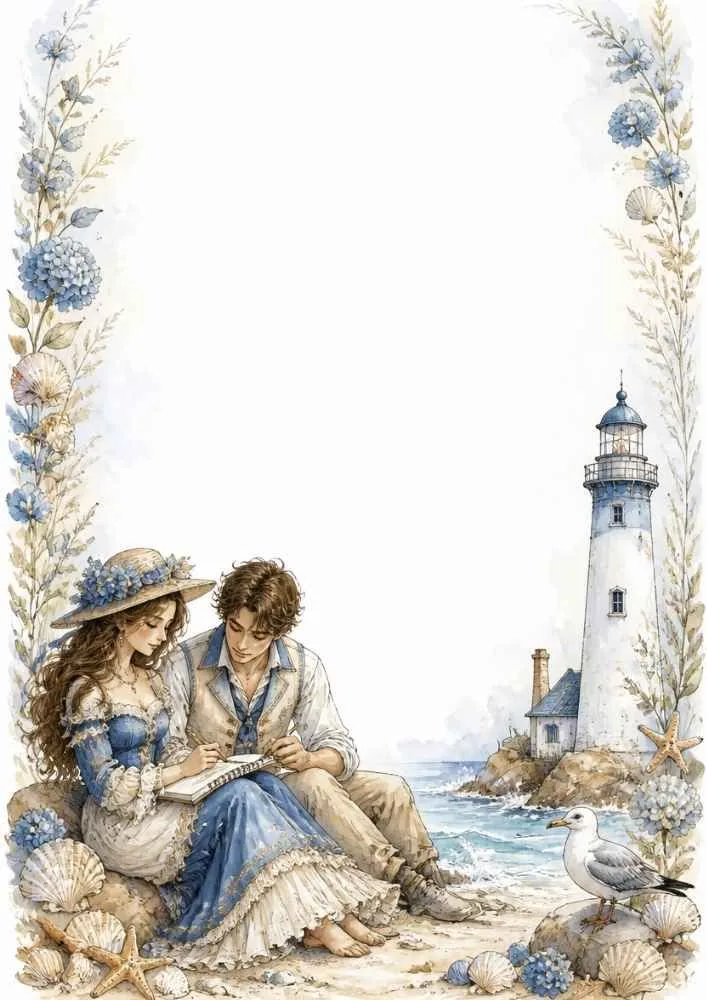 Princess and prince sketching by the beach with shells, flowers, a seagull, and lighthouse.