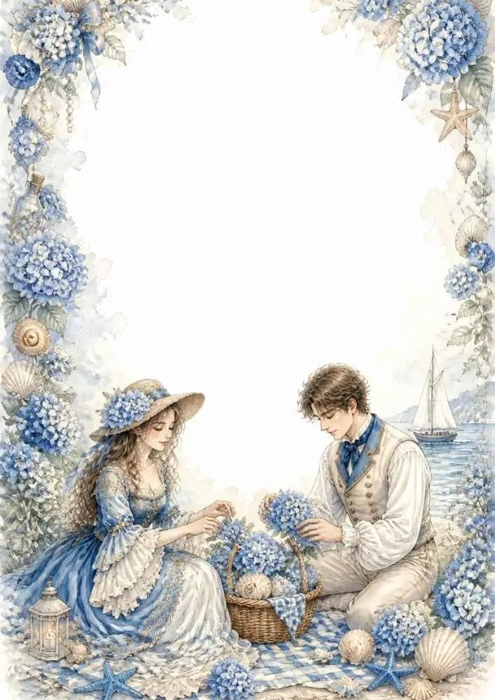 Princess and prince sitting by hydrangeas with shells and a seaside picnic setting.