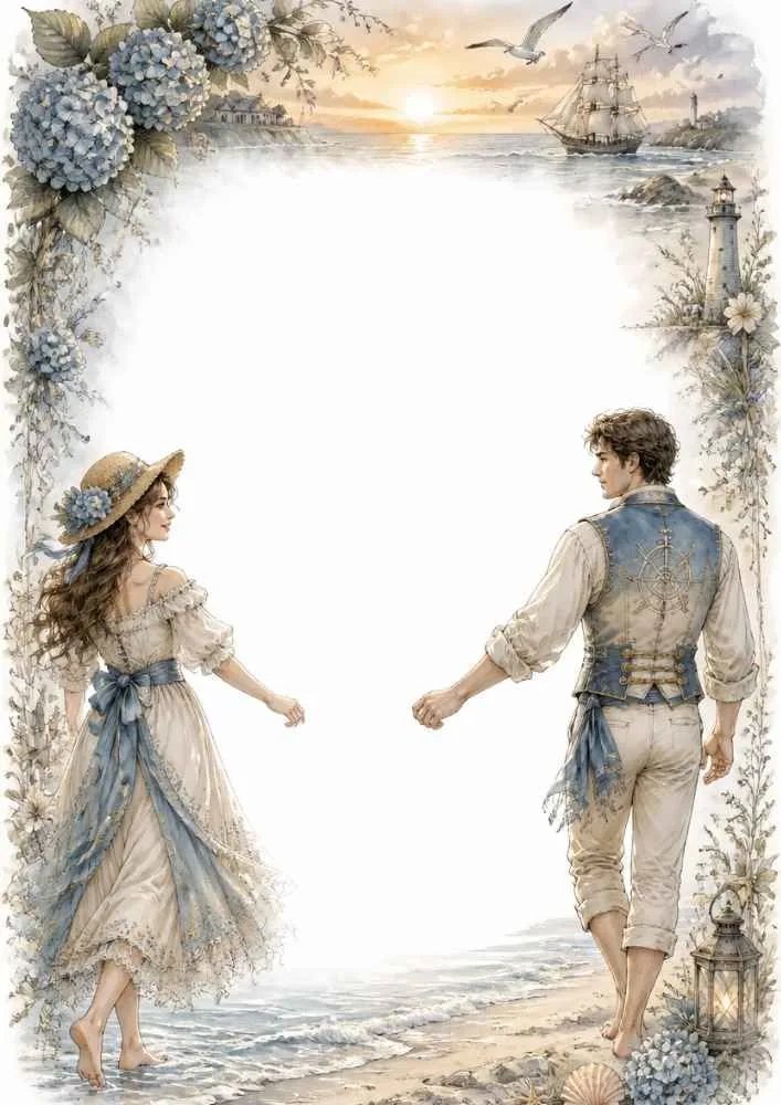 Princess and prince walking by the shore with flowers, sailboats, and sunset scenery.