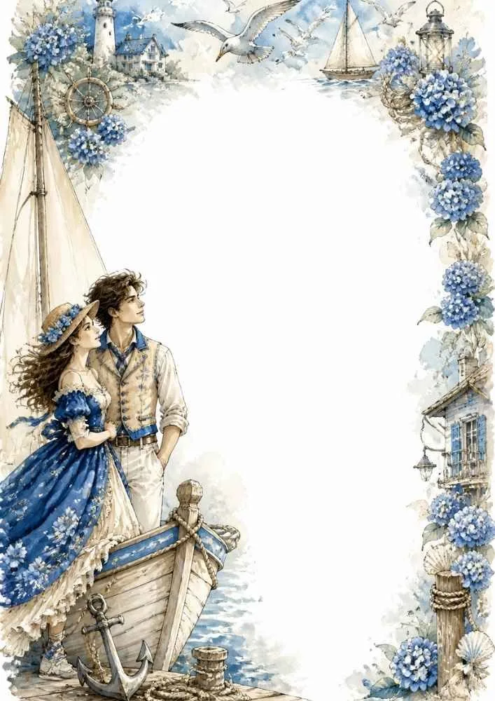 Princess and prince beside a boat with flowers, lighthouse, and harbor scenery.