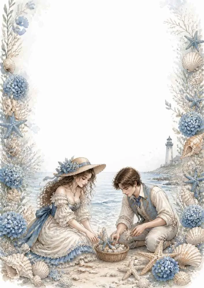 Princess and prince gathering shells on a beach with flowers and starfish.