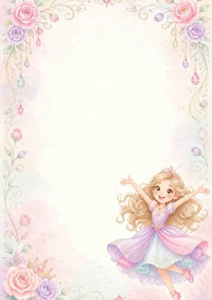 A pastel page border with pink and purple roses, hanging gem decorations, floral vines, and a smiling princess in a flowing dress near the bottom right.