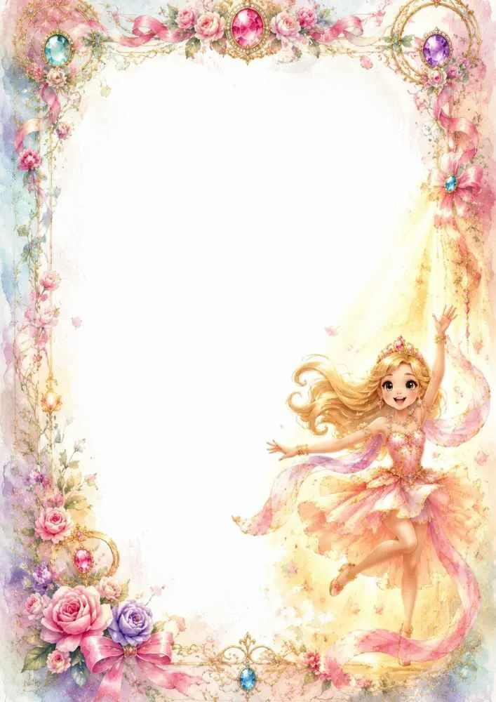 A page border with colorful gemstones, pink roses, ribbons, floral decorations, and a princess in a sparkling pink dress.