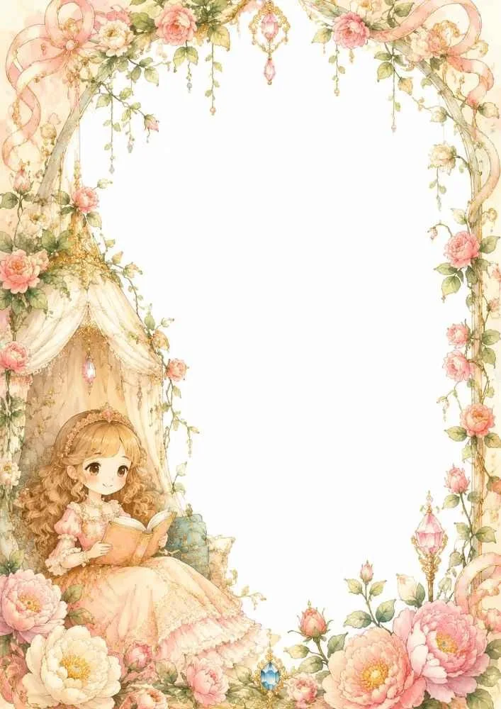 A floral border featuring roses, hanging vines, gemstones, a small canopy, and a princess reading a book near the lower left corner.