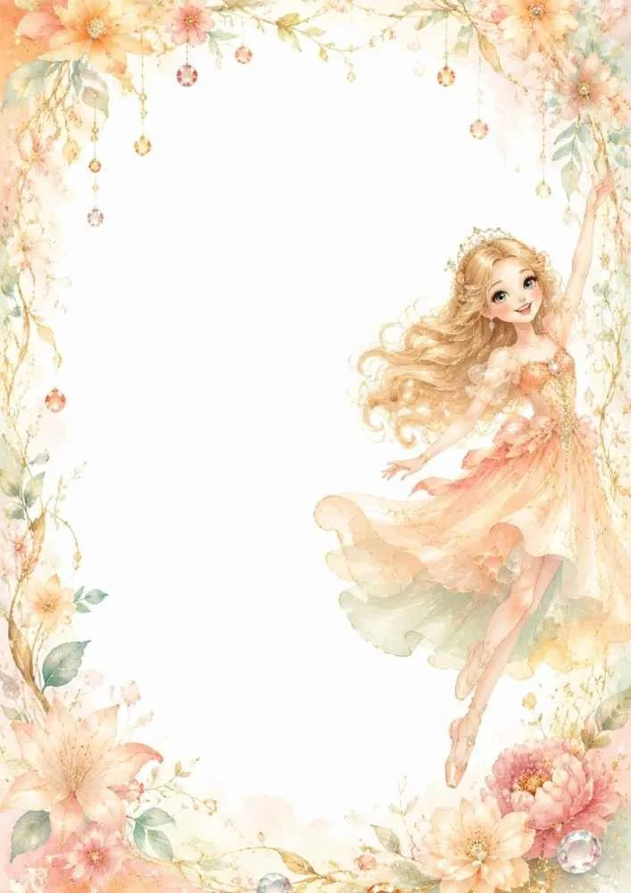 A decorative border with peach flowers, hanging ornaments, leaves, and a princess in a flowing golden dress near the right side.
