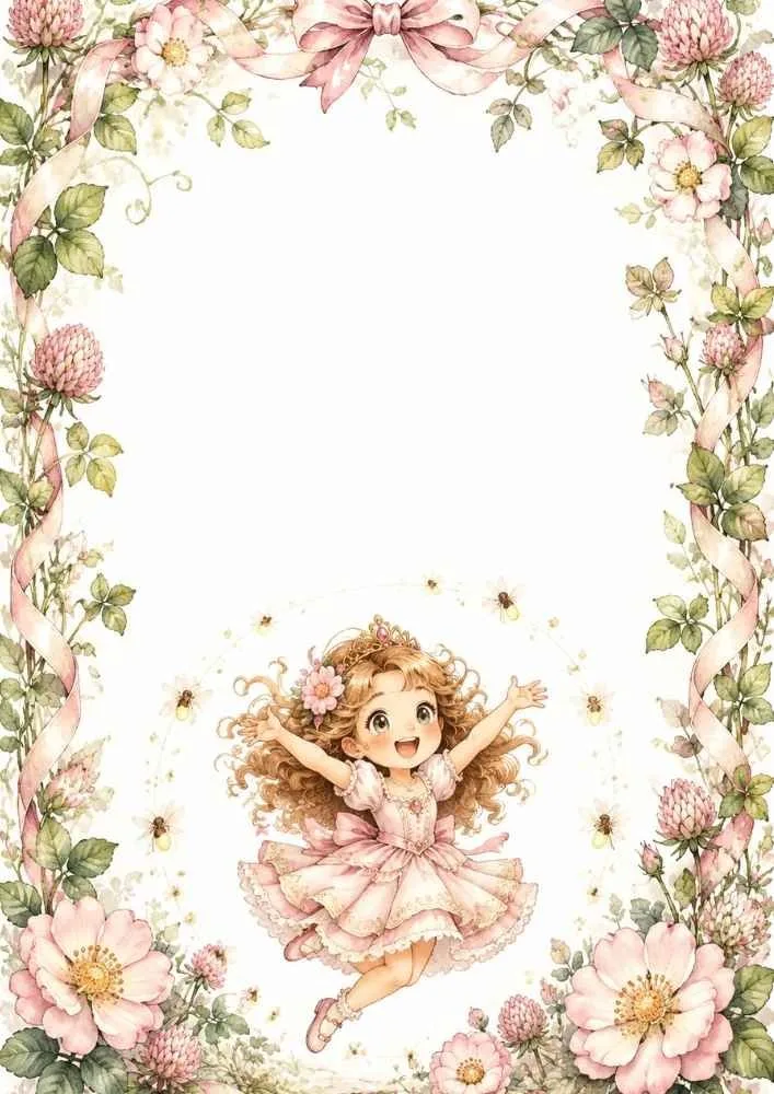 A page border with pink clover blossoms, ribbons, bees, leaves, flowers, and a smiling princess standing near the bottom center.