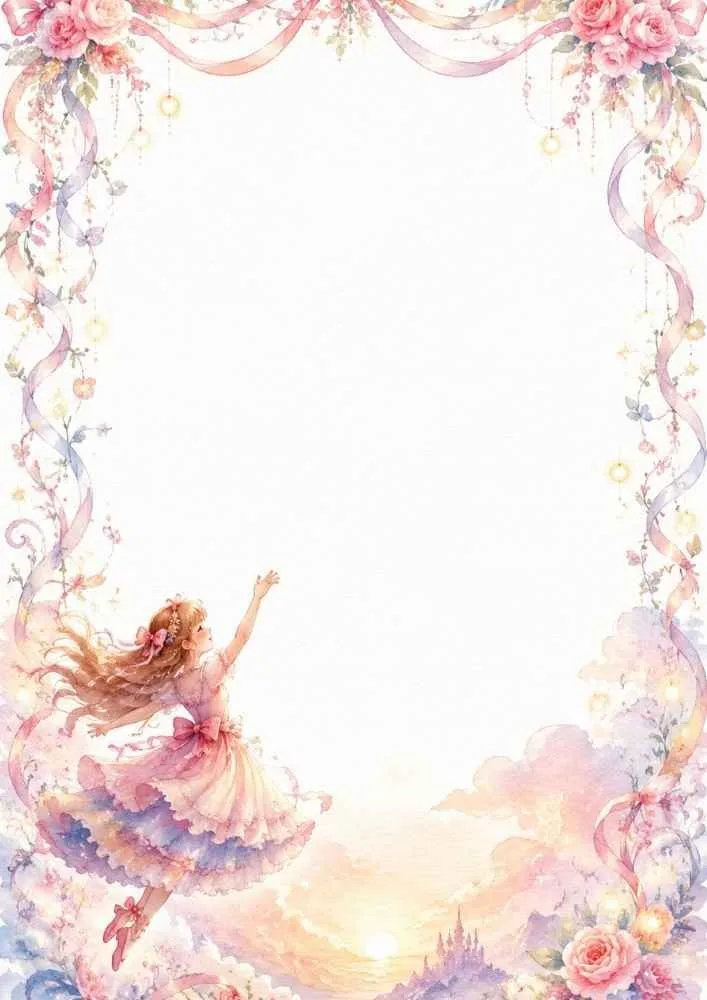 A decorative border with roses, flowing ribbons, clouds, a distant castle, sunset colors, and a princess dancing above the landscape.