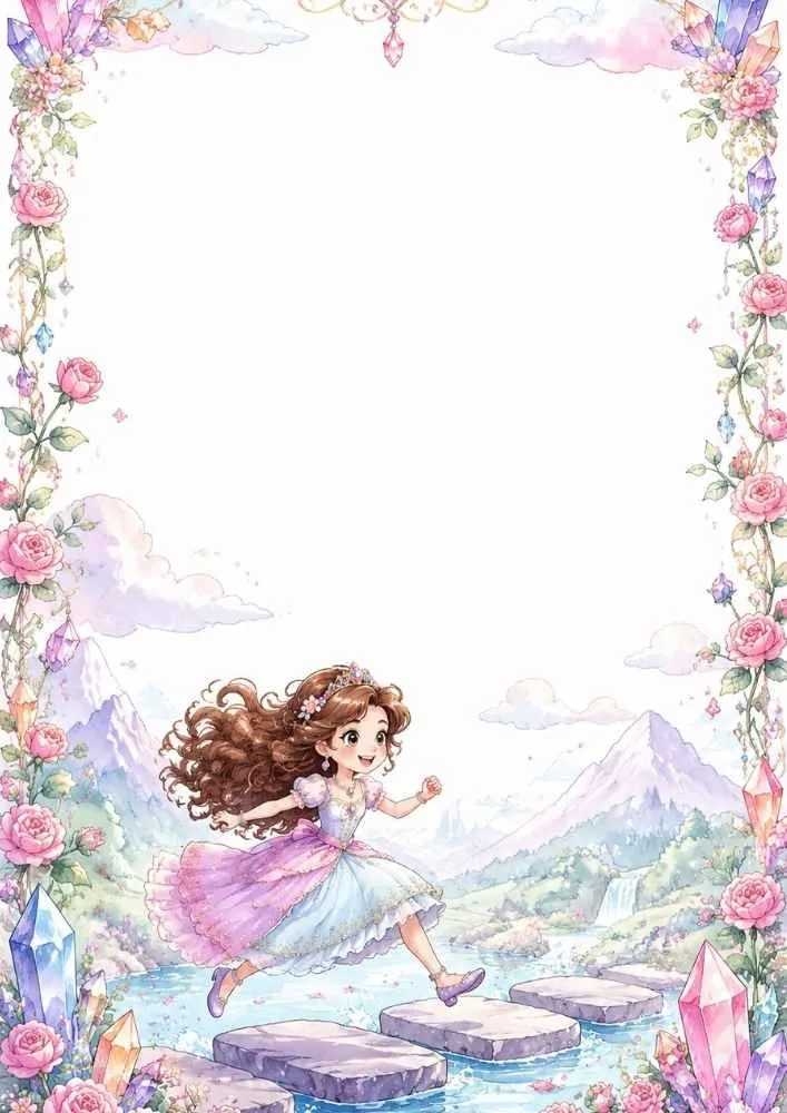 A page border featuring crystals, flowers, mountains, a river with stepping stones, clouds, and a princess walking across the water.