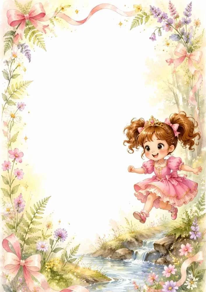 A floral border with ribbons, wildflowers, a small stream, forest plants, and a princess in a pink dress near the lower right.