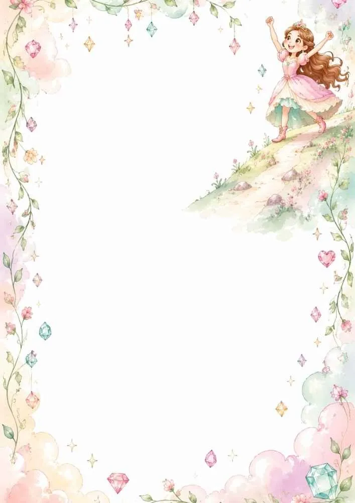 A decorative page border with hanging gemstones, flowers, clouds, pastel colors, and a princess standing on a winding path.