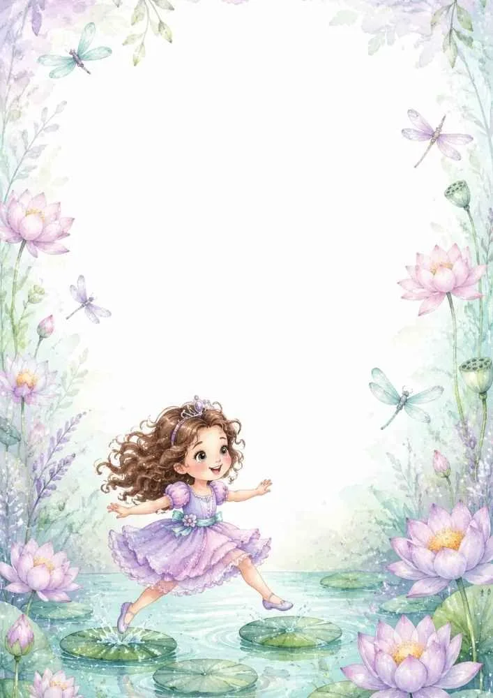 A page border with lotus flowers, lily pads, dragonflies, water plants, and a princess in a lavender dress crossing the pond.