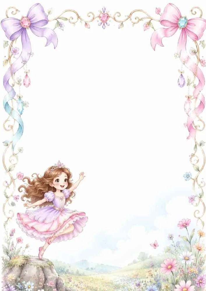 A floral page border with pink and purple bows, hanging gems, flowers, grassy fields, and a princess standing on a rock.