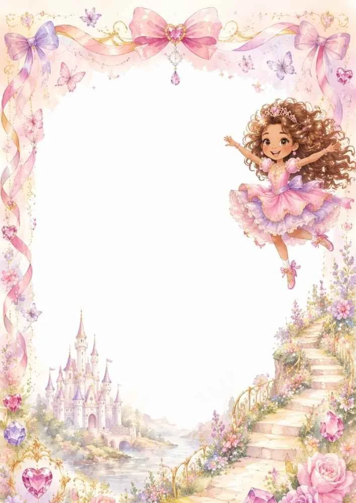 A decorative page with pink bows, butterflies, flowers, a castle by the water, a garden staircase, and a princess in a pink dress on the right side.