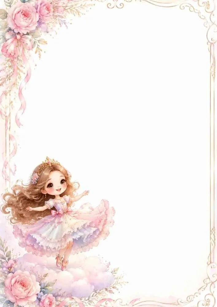 A pastel border with roses, ribbons, decorative corners, clouds, and a princess in a layered dress standing near the lower left side.