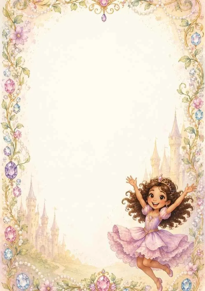 A decorative page border with colorful jewels, pearl garlands, flowers, castle towers, and a smiling princess in a lavender dress.
