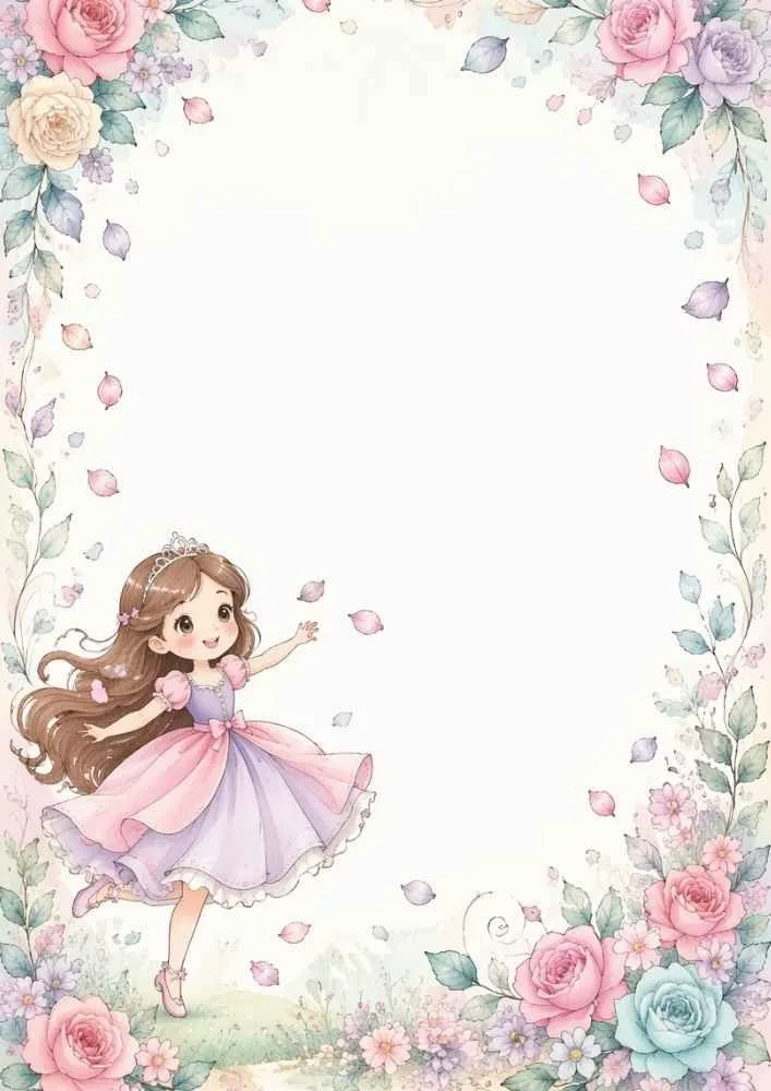 A floral border with roses, leaves, scattered petals, and a princess in a pink and lavender dress standing in a flower garden.