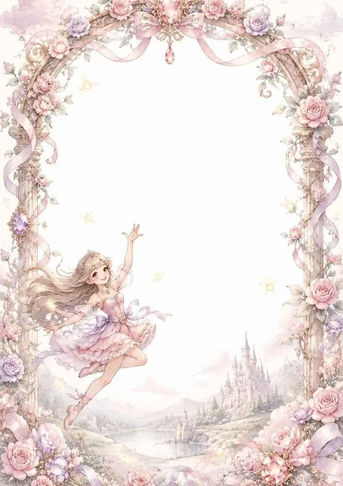 A page border featuring a floral stone arch, pink flowers, ribbons, butterflies, a distant castle, and a princess in a flowing dress.