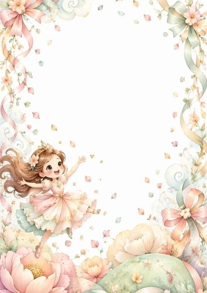 A page border with ribbons, flowers, petals, decorative bows, and a smiling princess wearing a pastel dress near the bottom left.