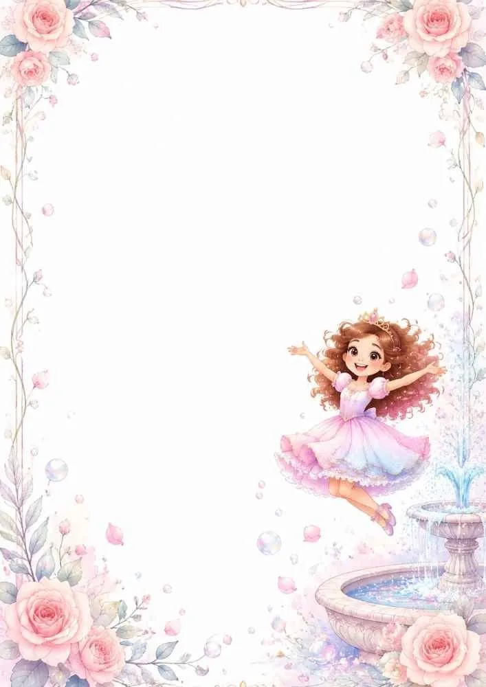 A decorative floral border with roses, bubbles, a fountain, delicate vines, and a princess in a pink and purple dress.