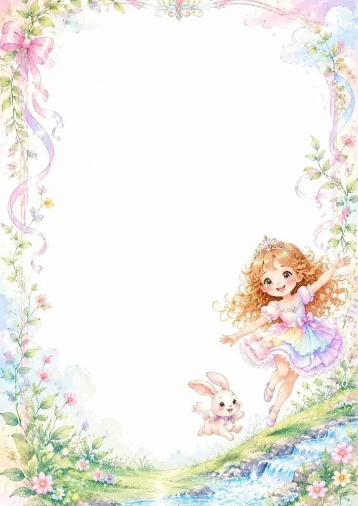 A floral page border with ribbons, wildflowers, a stream, a bunny, grassy hills, and a princess jumping near the water.