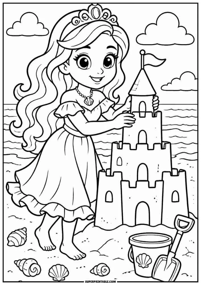 Princess building a large sandcastle on the beach with seashells, bucket, shovel, clouds, and ocean.