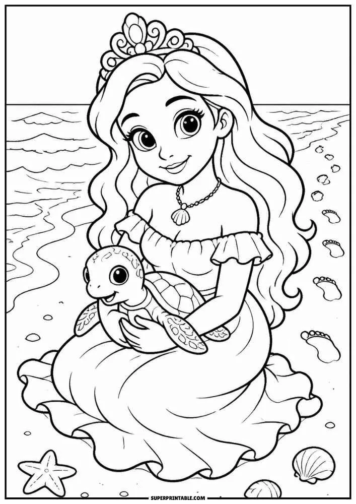 Princess sitting on the beach holding a sea turtle with footprints and seashells nearby.