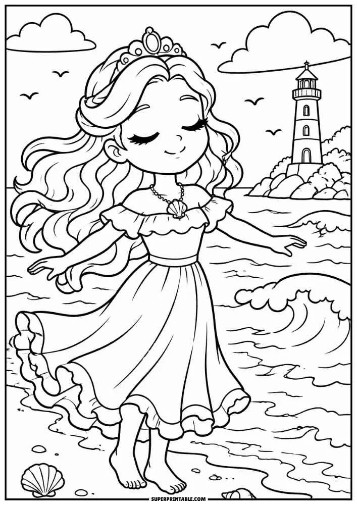 Princess walking along the shoreline with ocean waves, clouds, birds, and a lighthouse.