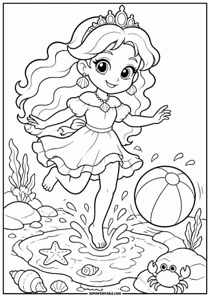 Princess running in shallow water with a beach ball, crab, shells, and starfish.