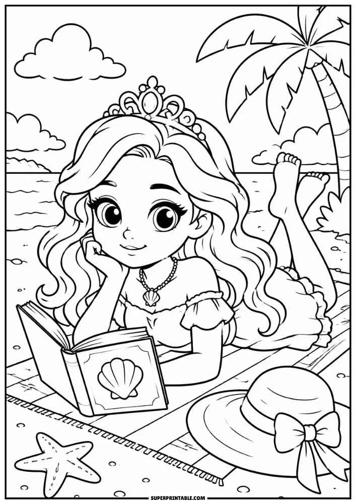 Princess reading a book on a beach blanket with a hat, starfish, and palm tree nearby.