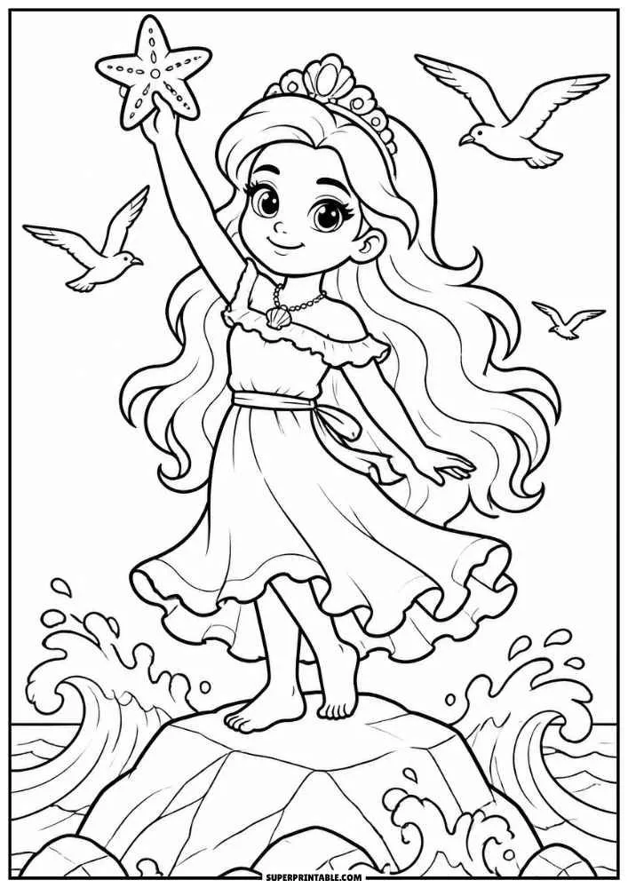 Princess standing on a rock holding a starfish with ocean waves and flying birds.