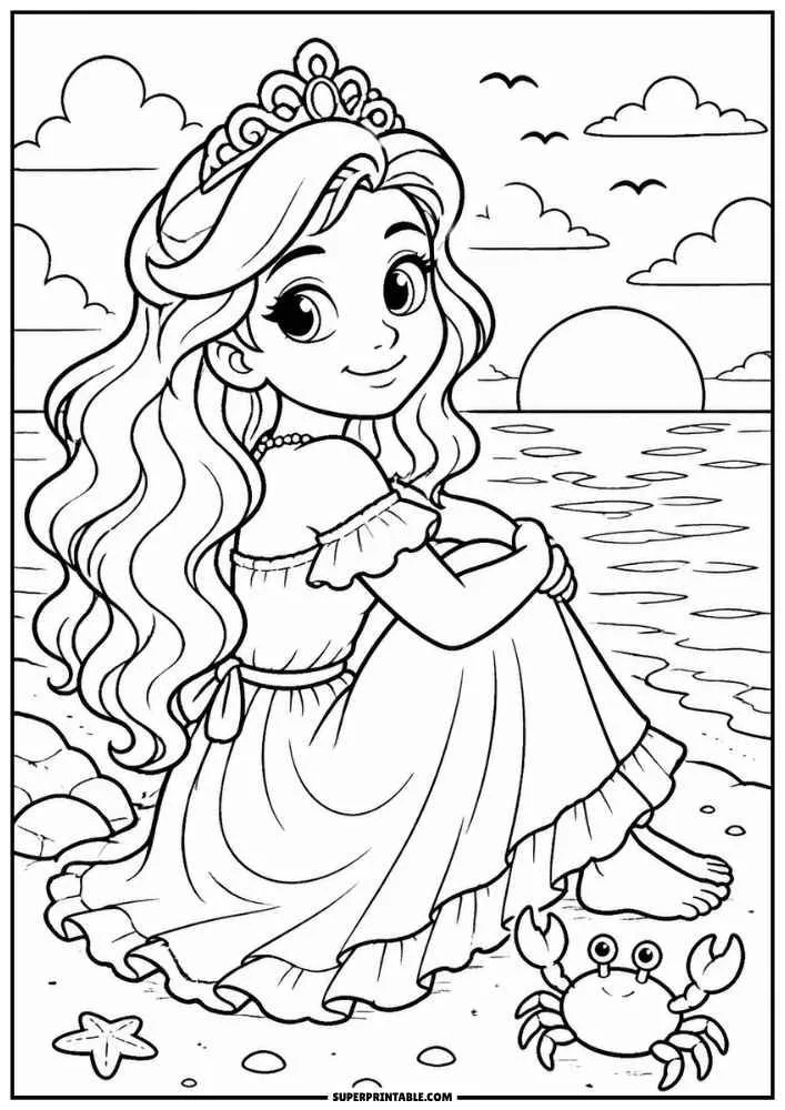 Princess sitting on the beach watching a sunset over the ocean with a crab nearby.