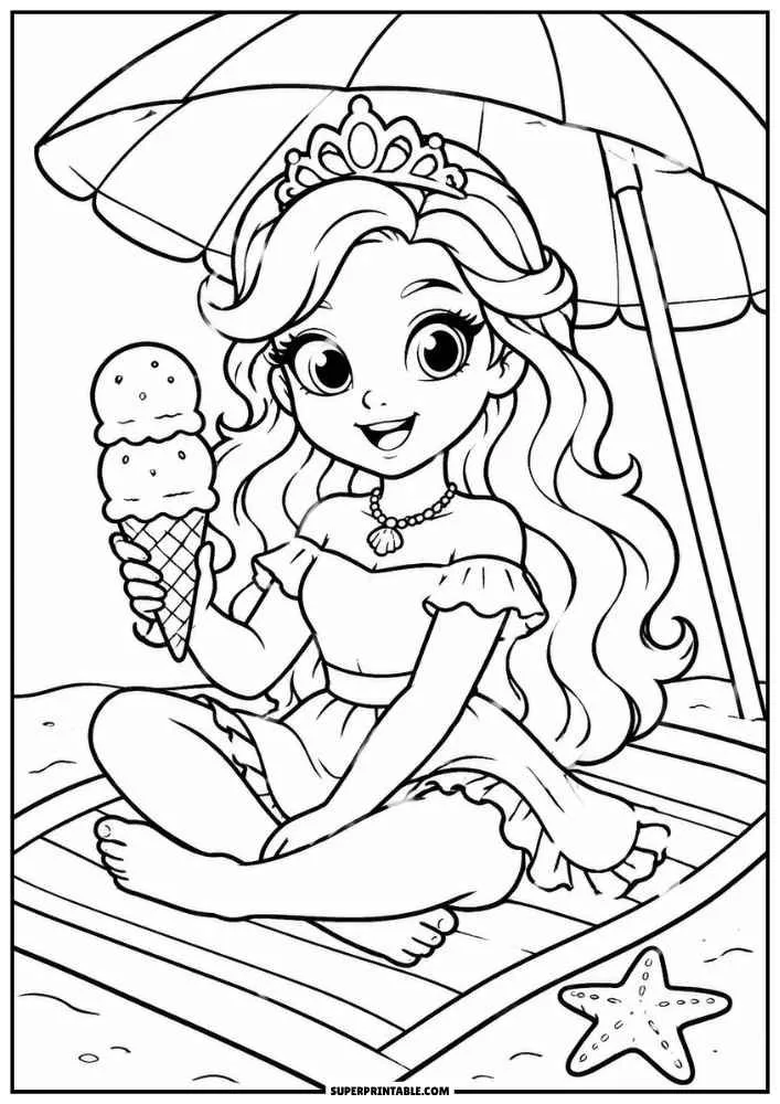 Princess sitting under a beach umbrella holding an ice cream cone with a starfish nearby.